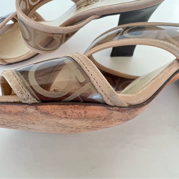 SALVATORE FERRAGAMO Brown Beige Clear Straps Slides Slip On Heels Sandals Sz 7 - Picture 14 of 16